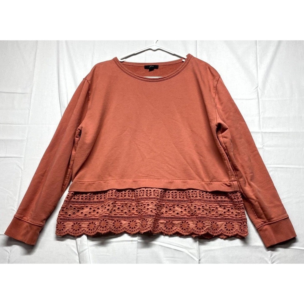 J.Crew Sweatshirt Womens Large Brown Cotton Scoop Neck Winter Warm Eyelet Hem